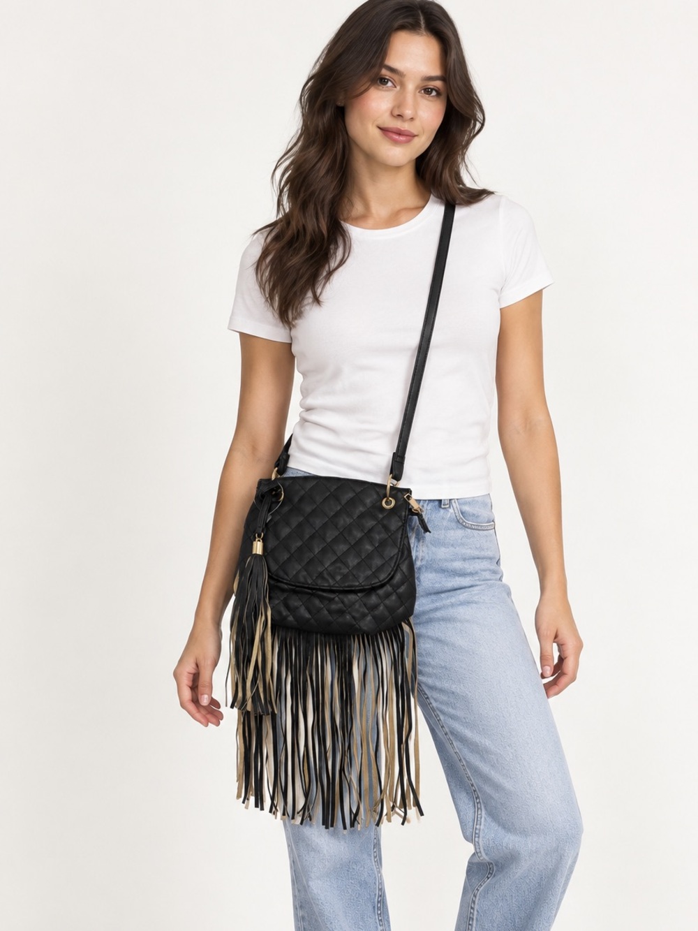 Black Quilted Faux Leather Fringe Tassel Shoulder Bag Boho Western Purse